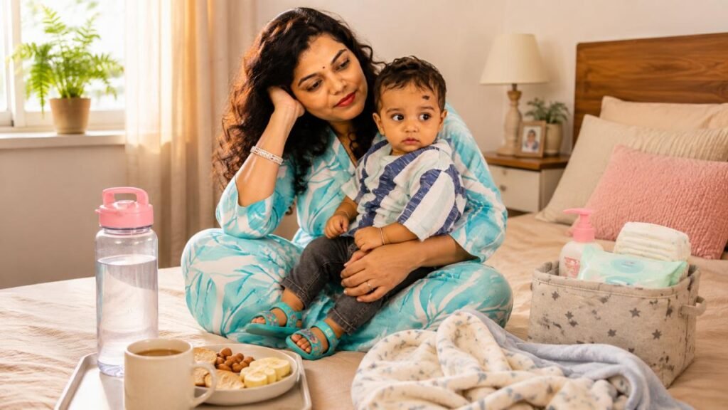 New mother caring for her baby while remembering her own needs