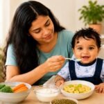 Image Alt Text: माँ अपने छोटे बच्चे को Immunity Booster Foods जैसे फल और पौष्टिक भोजन खिलाते हुए