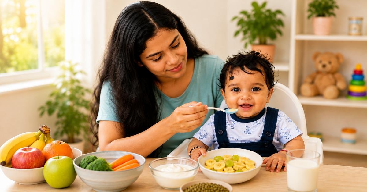 Image Alt Text: माँ अपने छोटे बच्चे को Immunity Booster Foods जैसे फल और पौष्टिक भोजन खिलाते हुए