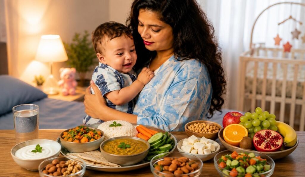 Breastfeeding mother की balanced Indian diet में protein fruits vegetables और healthy fats