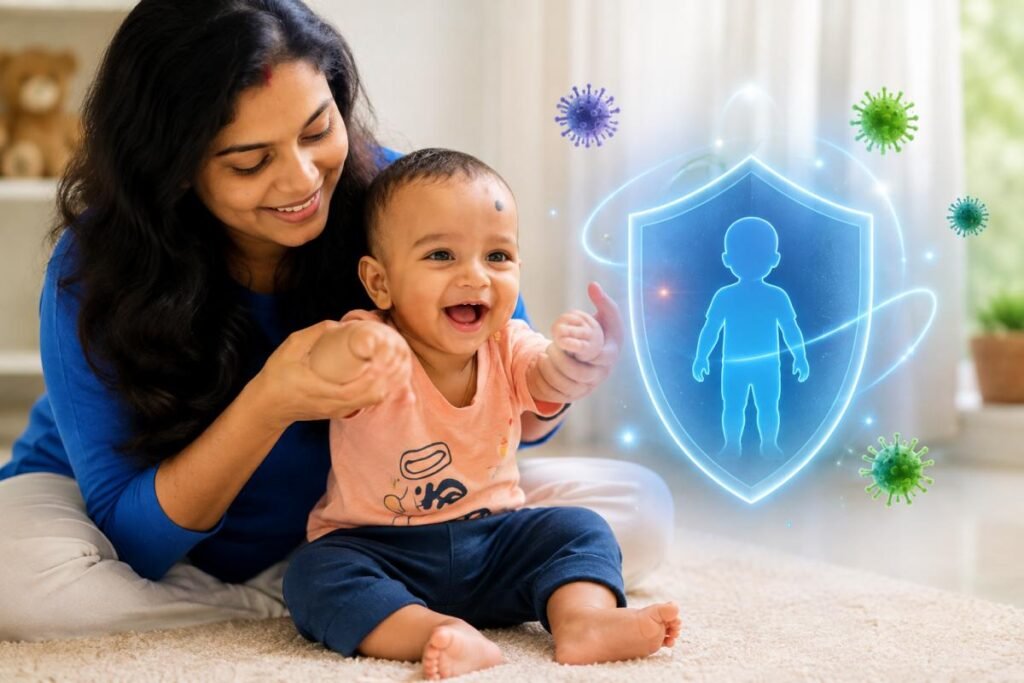 बच्चे के Immune System के विकास को समझाती भारतीय मां और स्वस्थ बच्चा