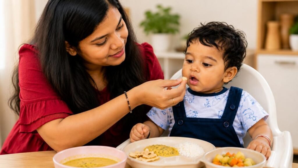 माँ बच्चे को छोटे निवाले में soft food खिला रही है