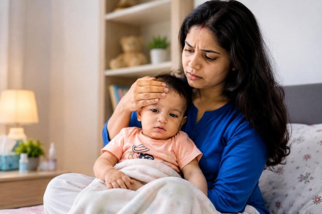 हल्के बुखार और सर्दी से परेशान बच्चे की देखभाल करती भारतीय मां
