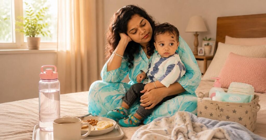 New mom following a simple morning routine with her baby at home