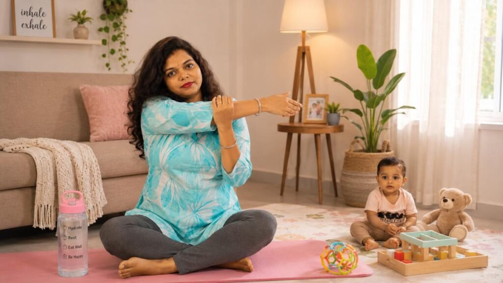 New mother doing gentle postpartum stretching at home