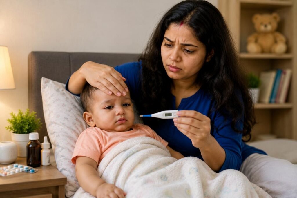 बच्चे का तापमान जांचती भारतीय मां और बीमार बच्चा