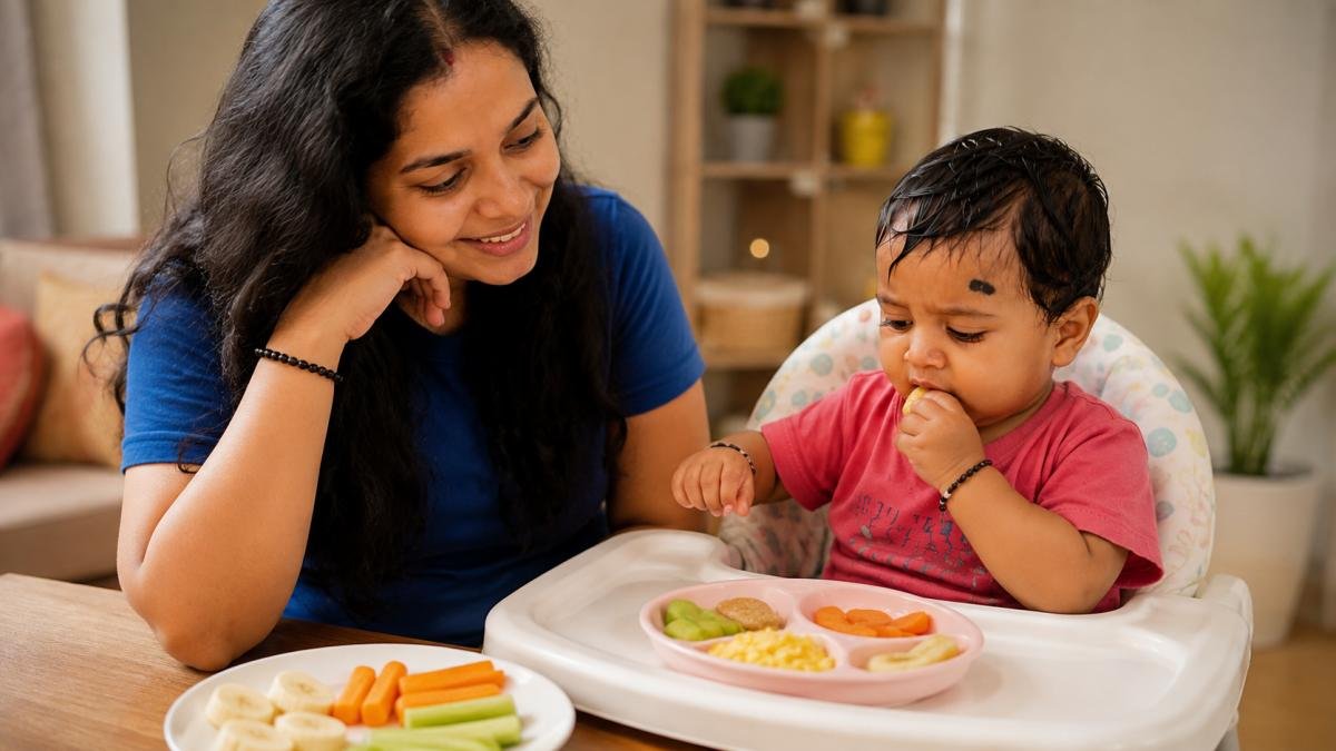 माँ 11 महीने के बच्चे को self feeding के लिए safe finger food देते हुए
